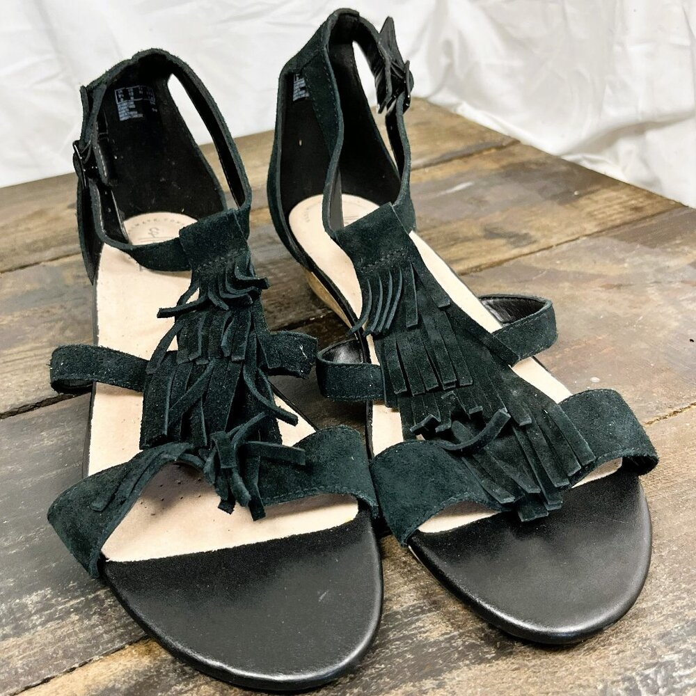 CLARKS Gladiator Black Strappy Sandal Wedge Women's 12 Heel Suede Fringe Abigail
